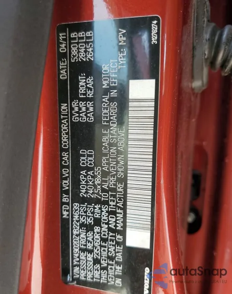 2011 Volvo Xc60 T6 z USA, uszkodzony, nr VIN YV4902DZ1B2214639